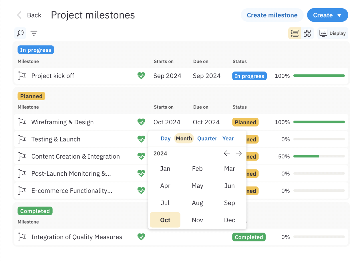 InOrbit project milestones enabling teams to break down projects into meaningful groups